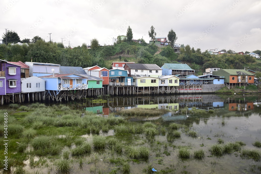 Houses on stilts (palafitos) in Castro, Chiloe Island, Patagonia, Chile