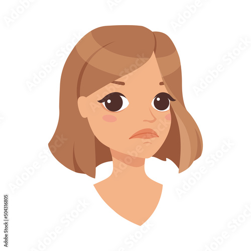 Pretty Woman Character Face with Short Haircut Feeling Sad Vector Illustration
