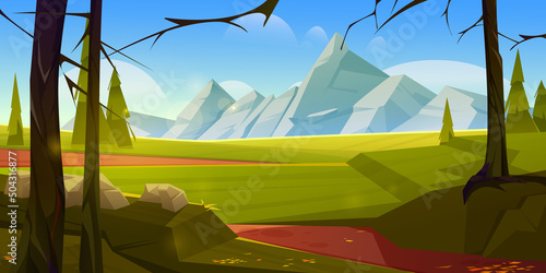 Cartoon nature landscape with mountains, green field, rural road, rocks and conifers trees. Summer forest under blue sky, scenery view tranquil game background, beautiful woodland Vector illustration