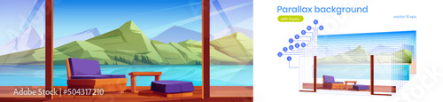 Wooden house terrace with furniture on lake shore. Vector parallax background ready for 2d animation with cartoon illustration of nordic landscape with mountains and cottage veranda with couch