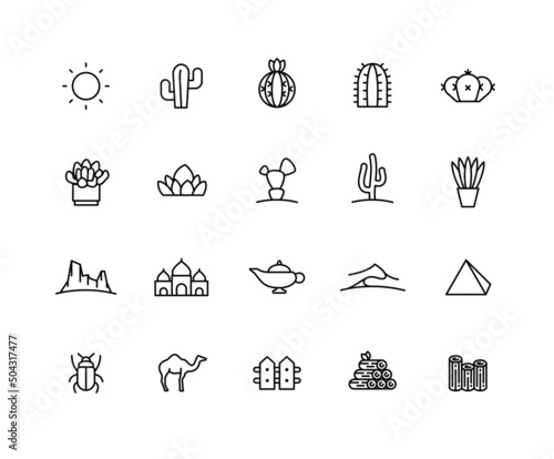 Collection of Desert linear icons. Set of Cactus, egypt symbols drawn with thin contour lines. Vector illustration.