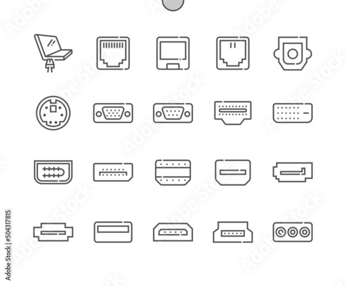 Computer ports. Rj-45, hdmi, sata, dvi, usb and other. Computer connectors. Vga port. Pixel Perfect Vector Thin Line Icons. Simple Minimal Pictogram photo