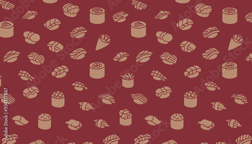 Sushi seamless pattern. Dark red background.