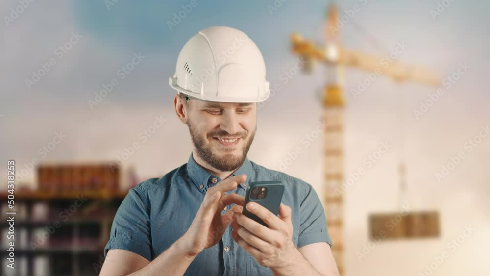 A man construction worker with helmet is smiling and using mobile phone at building site. Engineer is typing message on smartphone and chatting in application. Concept of rest and work or construction