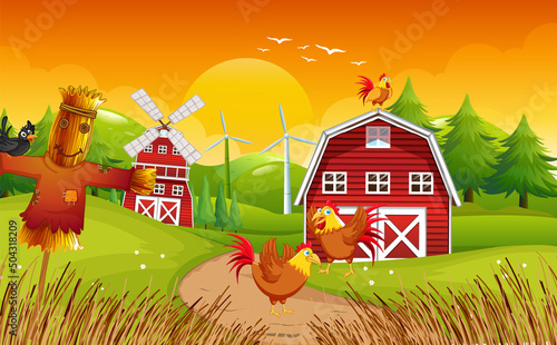 Farm scene with chickens and scarecrow