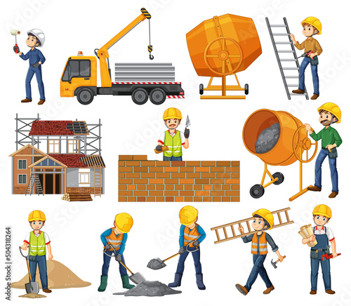 Set of construction site objects and workers