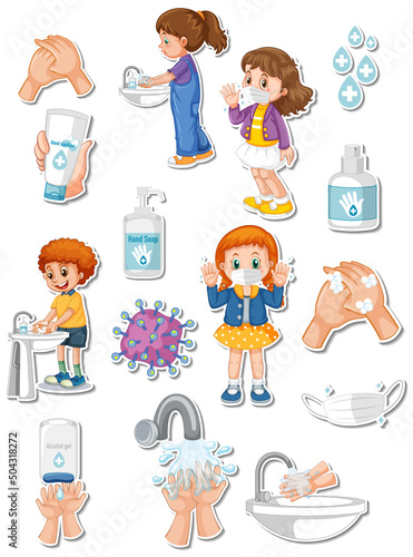 Sticker set of covid19 and cartoon characters
