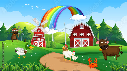 Farm scene with animals in the field