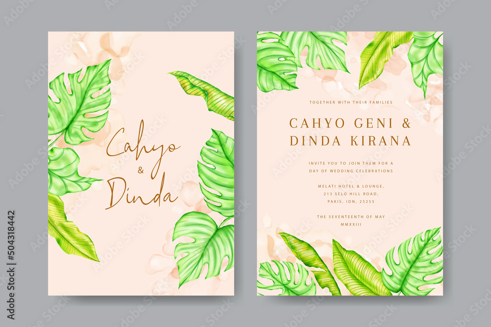 Tropical palm leaves wedding invitation template