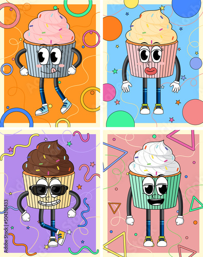 Set of different funny cupcake cartoon characters