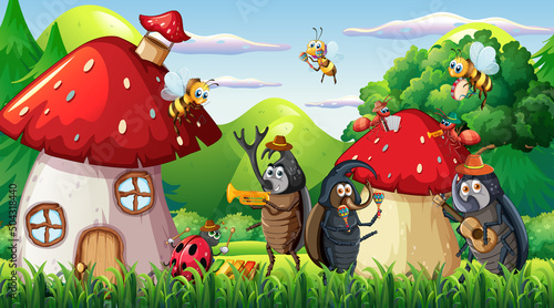 Nature scene with cartoon insects