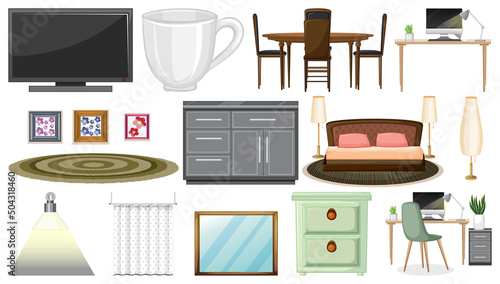 Furniture and household appliances on white background