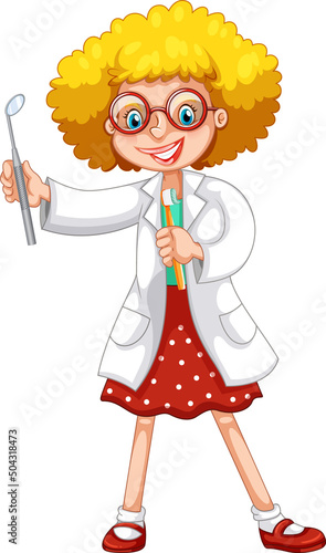 Happy dentist holding dental mirror and toothbrush on white background
