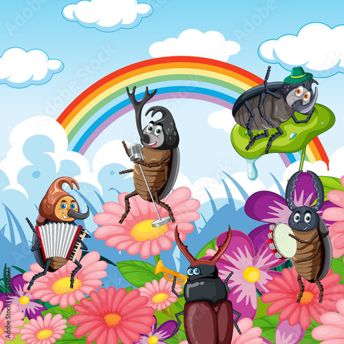 Happy insect in nature fairy tale scene