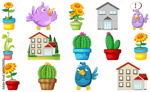 Different house designs and cute birds