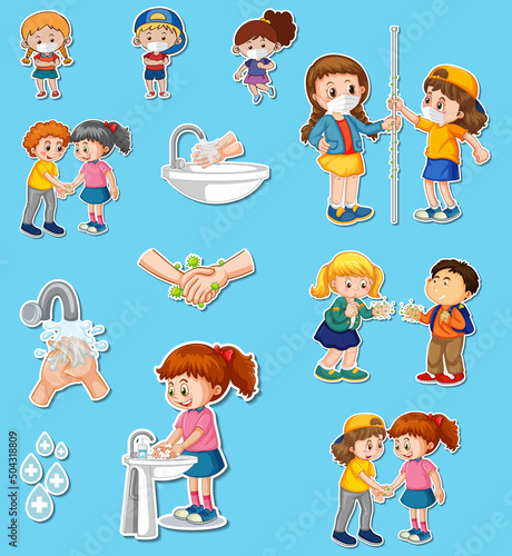 Sticker set of covid19 and cartoon character