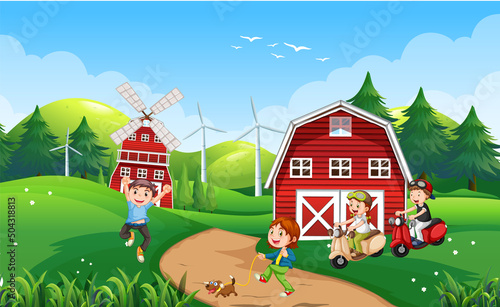 Happy kids in farm landscape