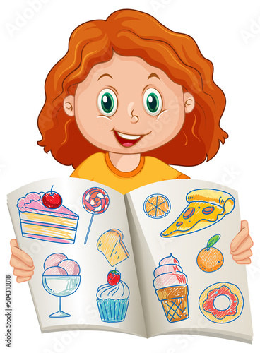 A girl holding her art work in cartoon style