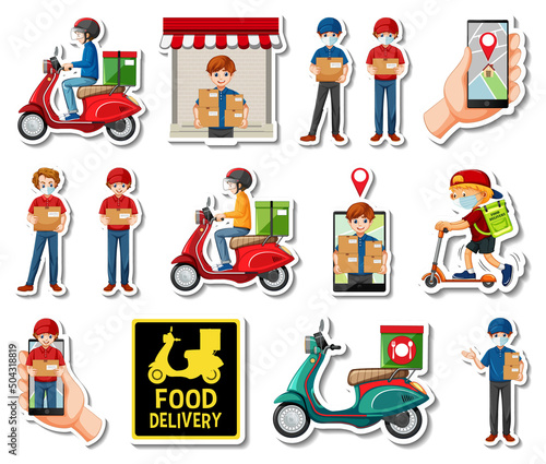 Sticker set of delivery objects and cartoon characters