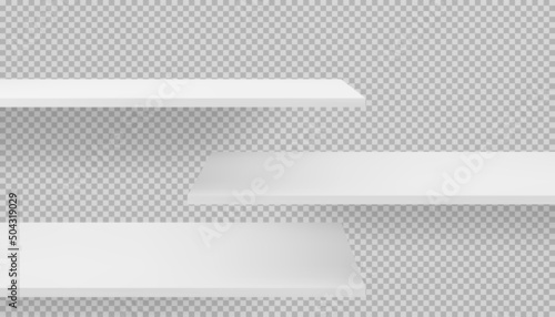 Long 3d empty white wooden or plastic shelves mockup on transparent background with shadows. Template of book and magazine store organization for merchandising and marketing. Vector blank bookshelf