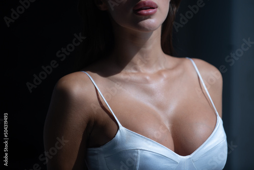 Close up beautiful body of woman big boobs. Sexy breast. Woman with natural boobs.