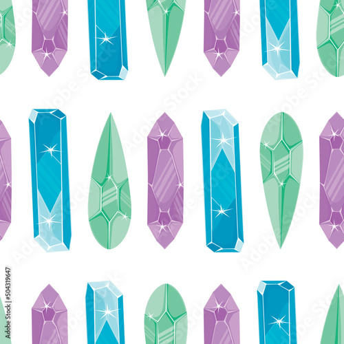 Seamless pattern with ligyt green, purple and blue magic crystals