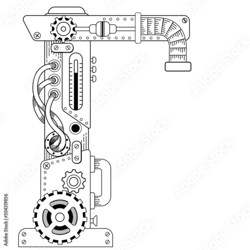 Vector coloring book for adults. Steampunk Cyrillic letter. Mechanical alphabet made of metal gears and various details on white background