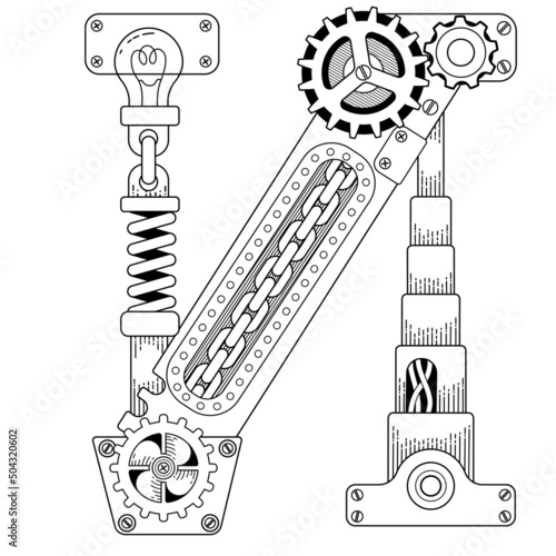 Vector coloring book for adults. Steampunk Cyrillic letter. Mechanical alphabet made of metal gears and various details on white background