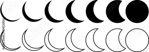 Moon icon set. Crescent icon set. The lunar symbol is in black. Moon phase symbol. Crescent icon in the glyph. Moon phases astronomy icon design
