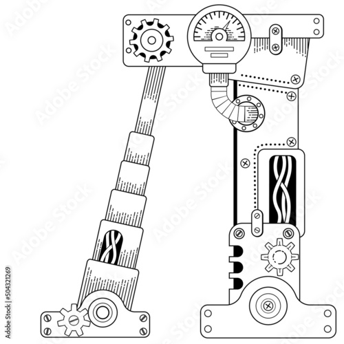Vector coloring book for adults. Steampunk Cyrillic letter. Mechanical alphabet made of metal gears and various details on white background