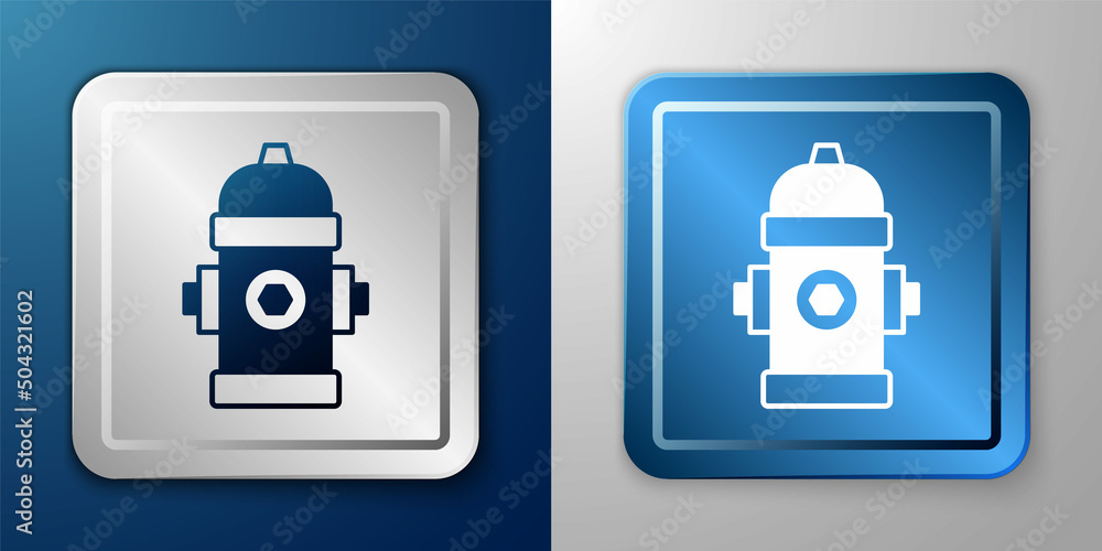 White Fire hydrant icon isolated on blue and grey background. Silver and blue square button. Vector White Fire hydrant icon isolated on blue and grey background. Silver and blue square button. Vector