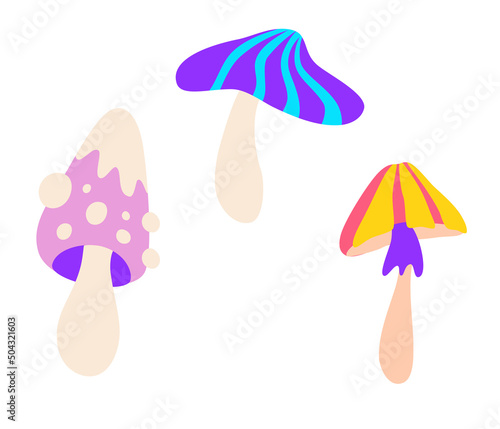 Mushrooms set. Collection of colorful hallucinogenic mushrooms. Perfect for printing, textiles, wrapping paper.  Hand drawn vector illustration