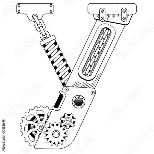 Vector coloring book for adults. Steampunk Cyrillic letter. Mechanical alphabet made of metal gears and various details on white background