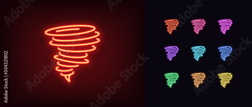 Outline neon tornado icon. Glowing neon hurricane silhouette, twister pictogram. Whirlwind funnel