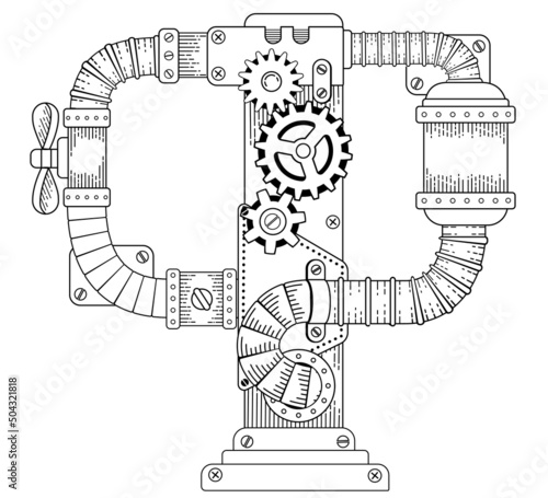 Vector coloring book for adults. Steampunk Cyrillic letter. Mechanical alphabet made of metal gears and various details on white background