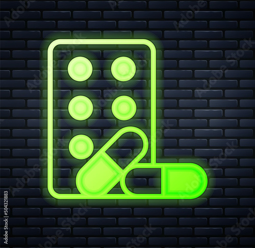 Glowing neon Sports doping, anabolic drugs with dumbbell icon isolated on brick wall background. Anabolic steroids tablet. Pills in jar. Vector