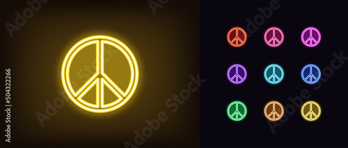 Outline neon peace icon. Glowing neon peace sign, peaceful world pictogram. No war sign
