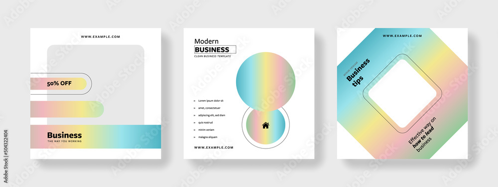 Set of minimal editable social media post templates with rainbow elements, modern business banner graphic for online advert or facebook and instagram, product presentation, circle accent	
