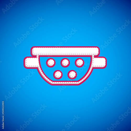 White Kitchen colander icon isolated on blue background. Cooking utensil. Cutlery sign. Vector
