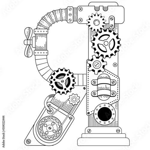 Vector coloring book for adults. Steampunk Cyrillic letter. Mechanical alphabet made of metal gears and various details on white background
