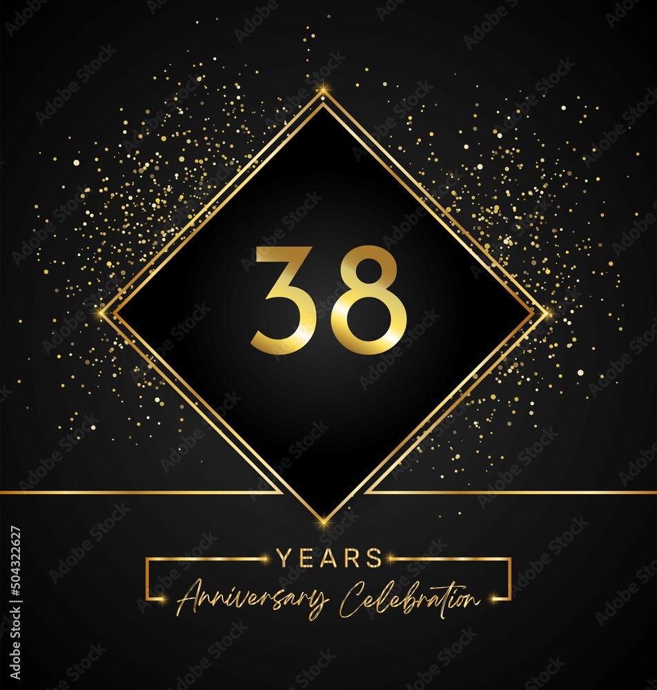 38 years anniversary celebration with golden frame and gold glitter on black background. 38 years Anniversary logo. Vector design for greeting card, birthday party, wedding, event party, invitation. 38 years anniversary celebration with golden frame and gold glitter on black background. 38 years Anniversary logo. Vector design for greeting card, birthday party, wedding, event party, invitation.