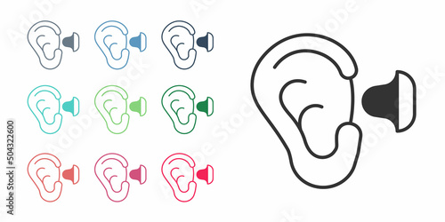 Black Earplugs and ear icon isolated on white background. Ear plug sign. Noise symbol. Sleeping quality concept. Set icons colorful. Vector