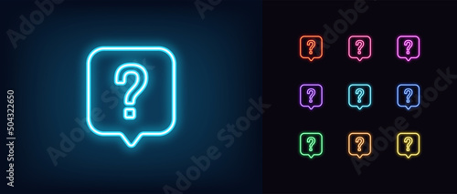 Outline neon question bubble icon. Glowing neon question mark in bubble message, help and FAQ pictogram