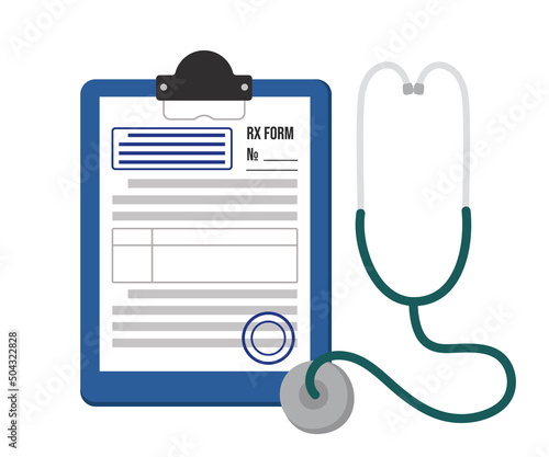 Pharmaceutical RX prescription form for medicines on tablet and stethoscope. A sheet of paper with blue seals and stamps of a doctor. Vector illustration of the patient's treatment concept.