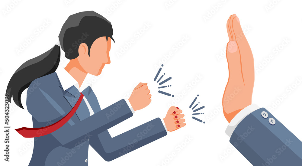 Big Hand Show Stop Gesture to Businesswoman. Angry Manager or Business Woman is About to Fight. Stop the Conflict Concept. Stops Confrontation, Resolves Conflict. Flat Vector Illustration Big Hand Show Stop Gesture to Businesswoman. Angry Manager or Business Woman is About to Fight. Stop the Conflict Concept. Stops Confrontation, Resolves Conflict. Flat Vector Illustration