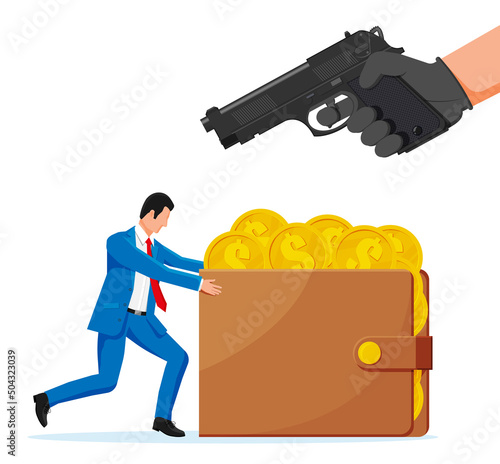 Bandit with Gun and Man with Wallet full of Money. Hand Holding Pistol and Businessman Giving or Offering Money Bills and Coins. Robbery and Criminal Concept. Flat Vector Illustration