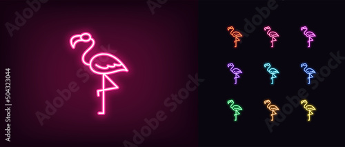 Outline neon flamingo icon. Glowing neon flamingo silhouette standing on one leg, exotic bird pictogram