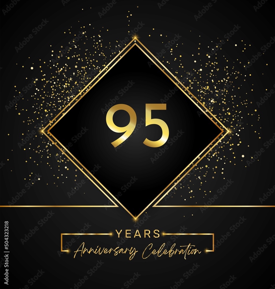95 years anniversary celebration with golden frame and gold glitter on black background. 95 years Anniversary logo. Vector design for greeting card, birthday party, wedding, event party, invitation.