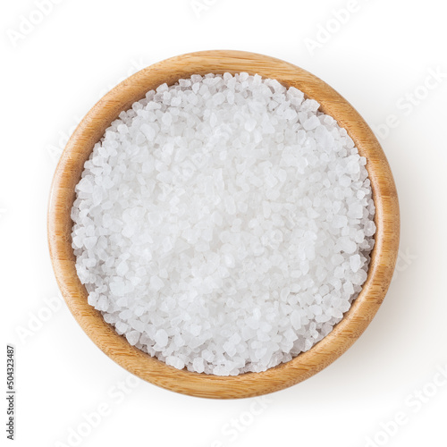 Sea salt in wooden bowl isolated on white background with clipping path