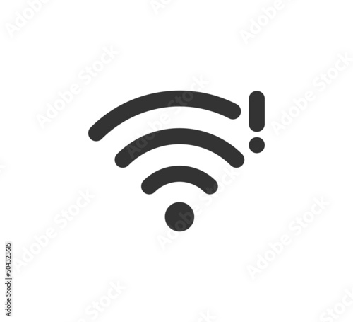 Wifi symbol and exclamation mark icon. Jamming wireless internet signal. Wi-Fi error. Failure wifi icon. Disconnected wireless internet signal. Vector illustration isolated on white background.